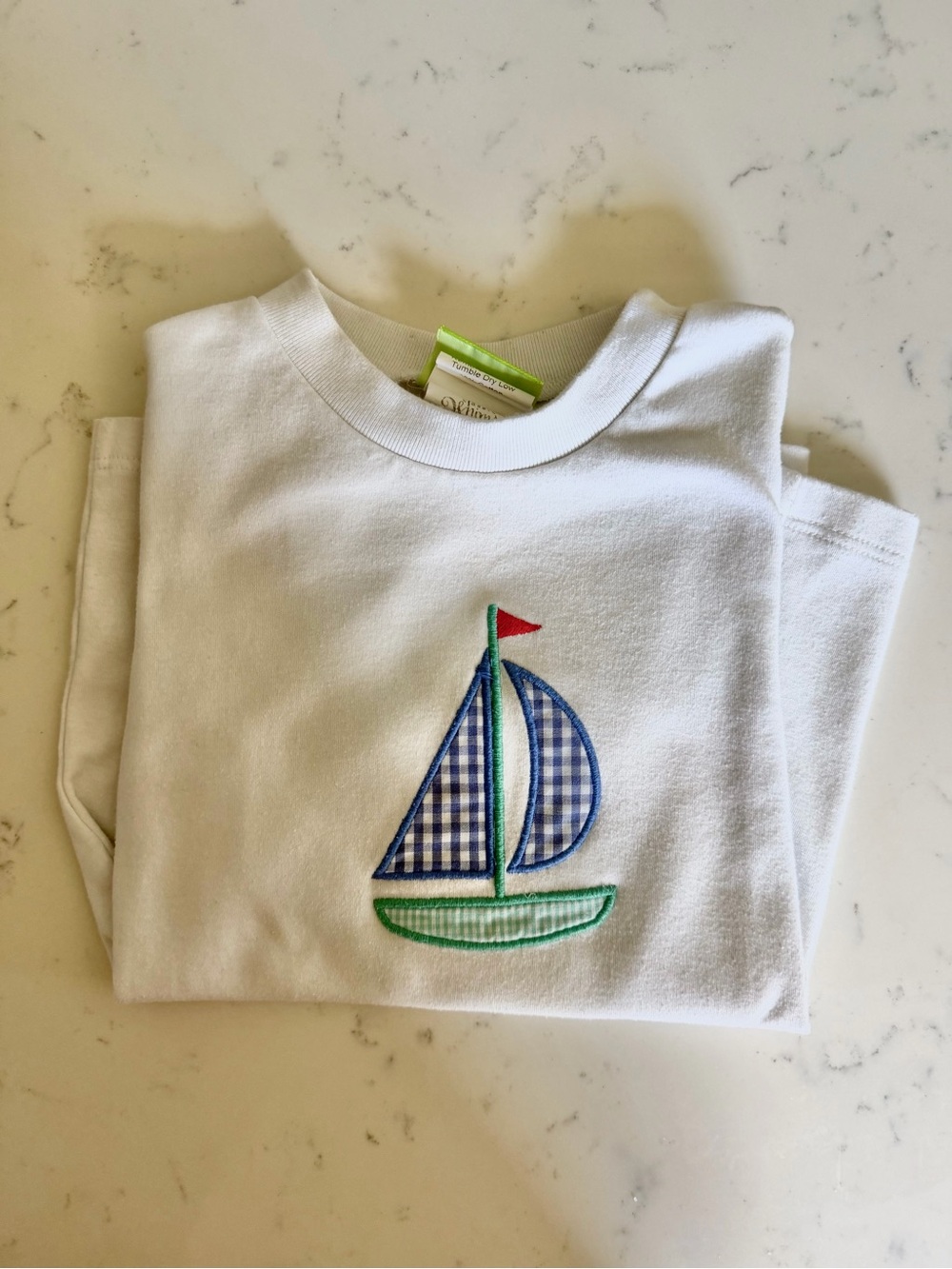 White Kids short Sleeve Tee with Blue Gingham Sailboat Appliqué